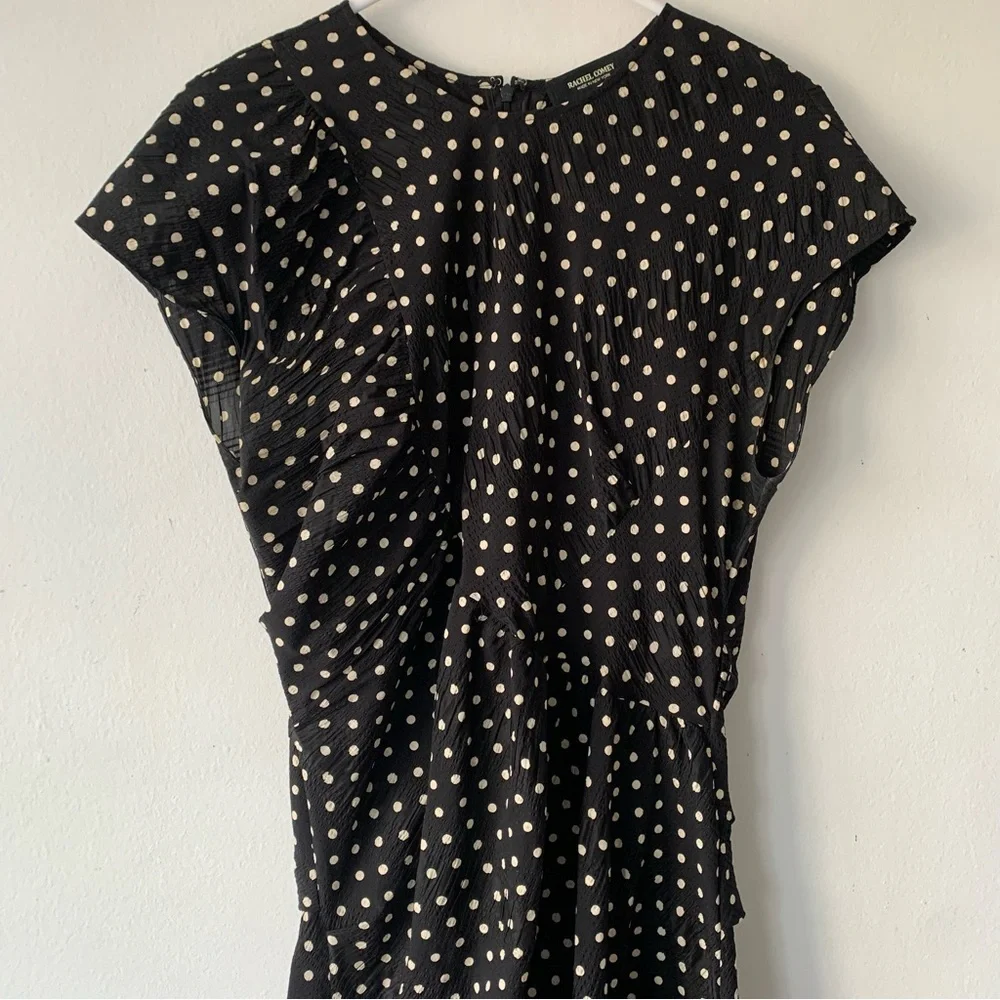 Rachel Comey New Delirium Silk Polka Dot Ruched Midi Short Sleeve Dress Black - Picture 7 of 14